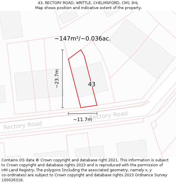 43, RECTORY ROAD, WRITTLE, CHELMSFORD, CM1 3HL: Plot and title map