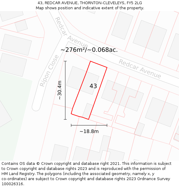 43, REDCAR AVENUE, THORNTON-CLEVELEYS, FY5 2LG: Plot and title map