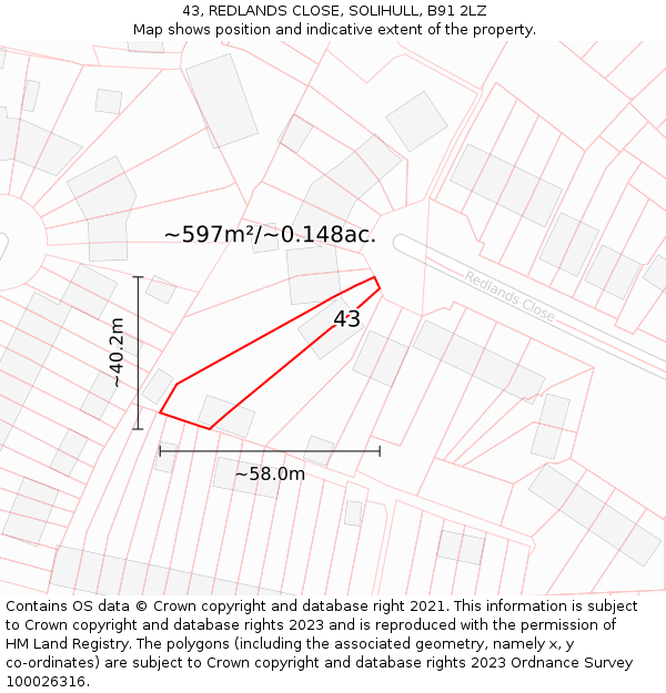 43, REDLANDS CLOSE, SOLIHULL, B91 2LZ: Plot and title map
