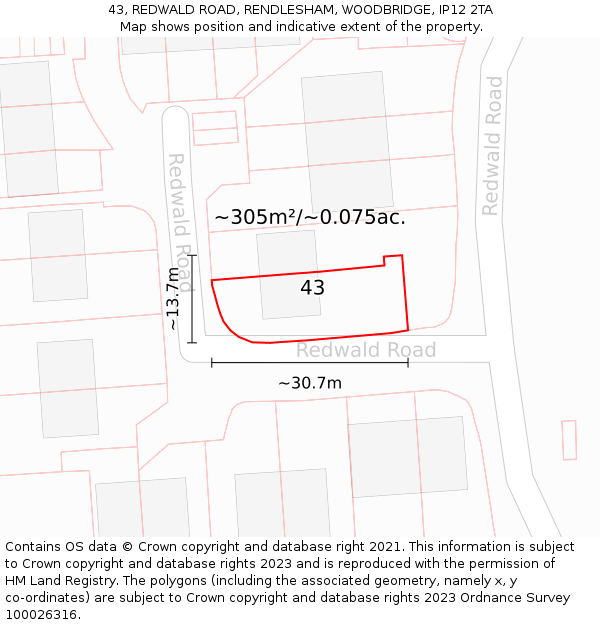 43, REDWALD ROAD, RENDLESHAM, WOODBRIDGE, IP12 2TA: Plot and title map
