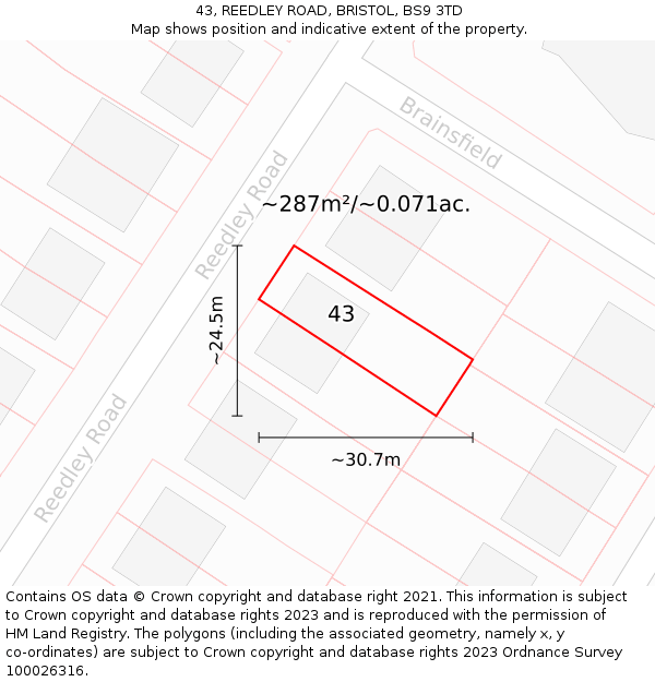 43, REEDLEY ROAD, BRISTOL, BS9 3TD: Plot and title map