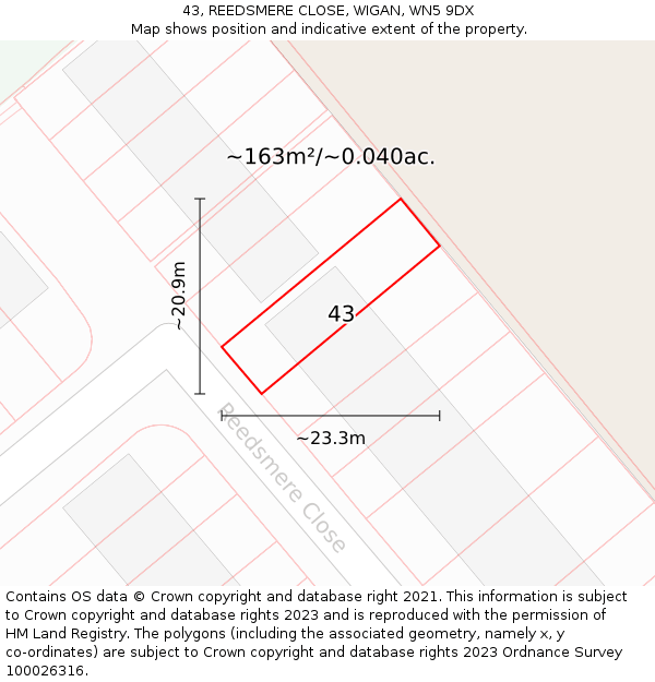 43, REEDSMERE CLOSE, WIGAN, WN5 9DX: Plot and title map