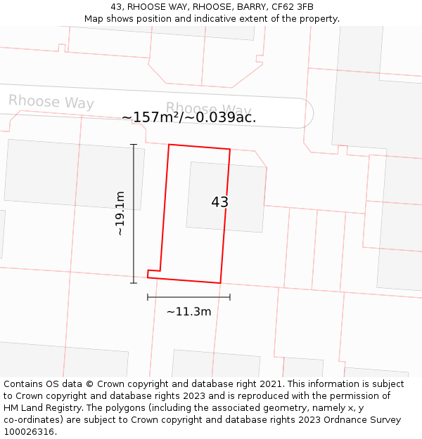43, RHOOSE WAY, RHOOSE, BARRY, CF62 3FB: Plot and title map