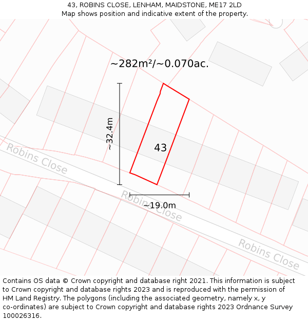 43, ROBINS CLOSE, LENHAM, MAIDSTONE, ME17 2LD: Plot and title map