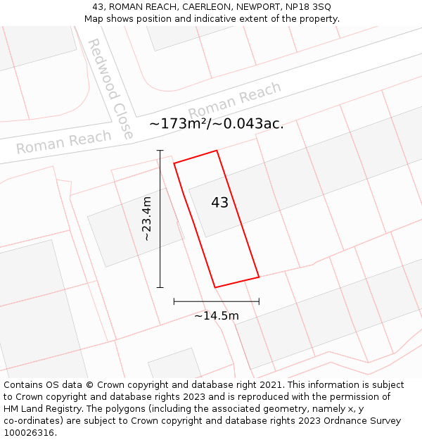 43, ROMAN REACH, CAERLEON, NEWPORT, NP18 3SQ: Plot and title map