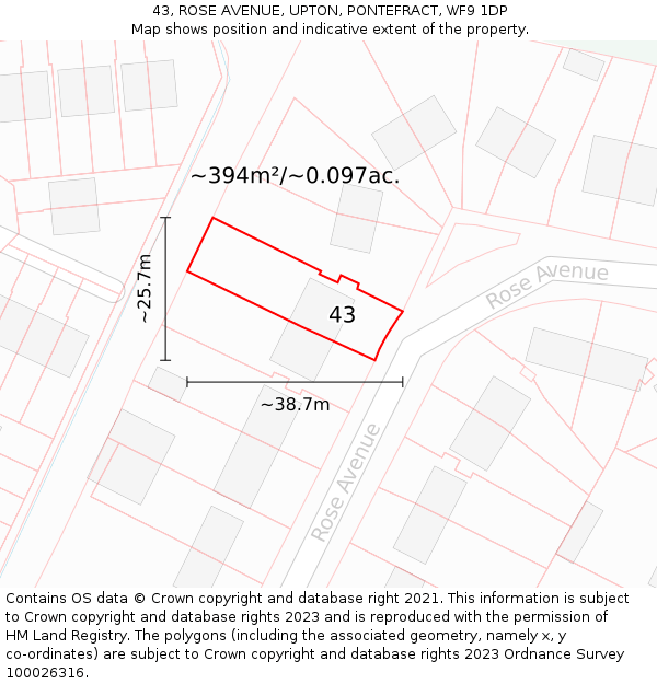 43, ROSE AVENUE, UPTON, PONTEFRACT, WF9 1DP: Plot and title map