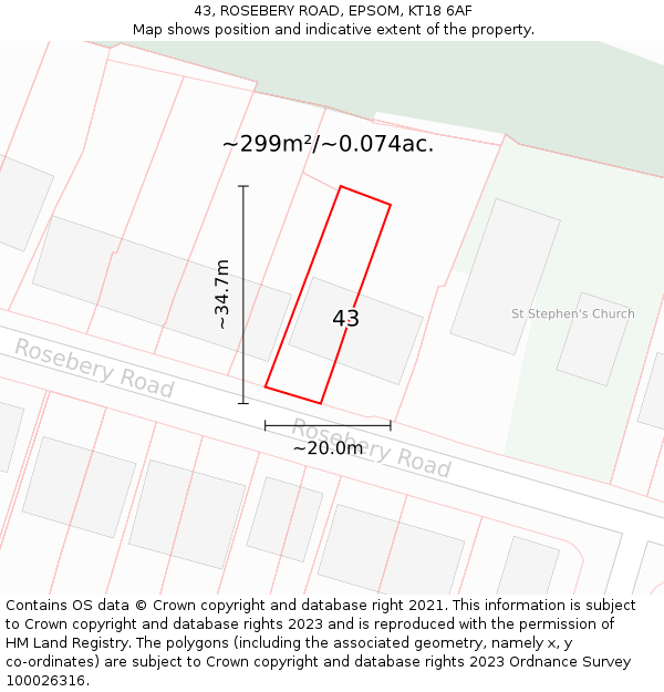 43, ROSEBERY ROAD, EPSOM, KT18 6AF: Plot and title map