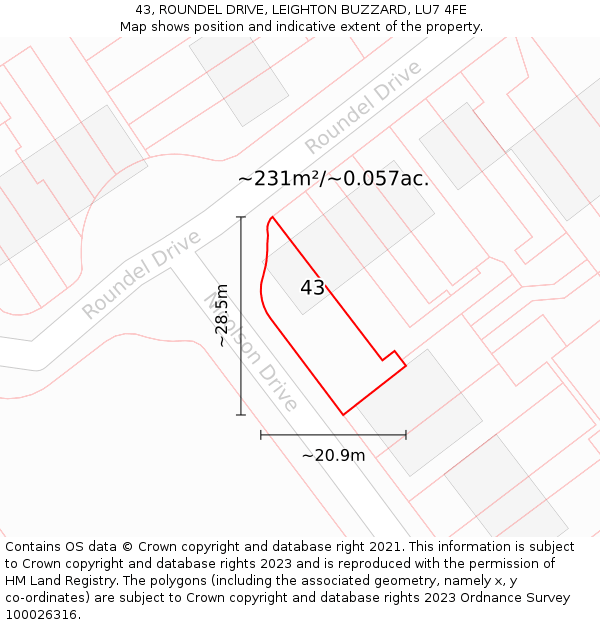 43, ROUNDEL DRIVE, LEIGHTON BUZZARD, LU7 4FE: Plot and title map