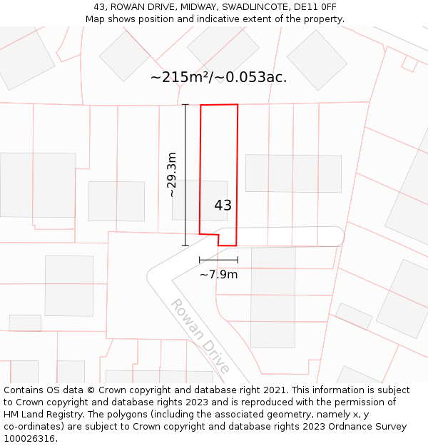 43, ROWAN DRIVE, MIDWAY, SWADLINCOTE, DE11 0FF: Plot and title map