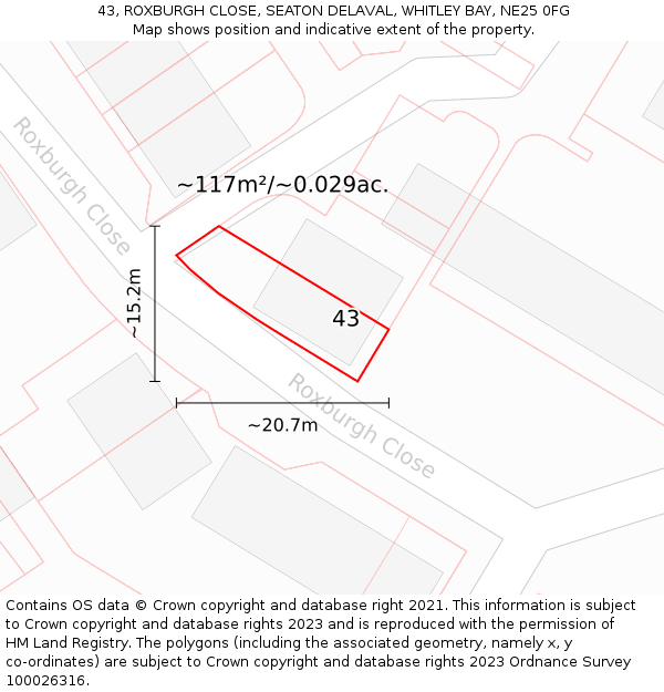 43, ROXBURGH CLOSE, SEATON DELAVAL, WHITLEY BAY, NE25 0FG: Plot and title map