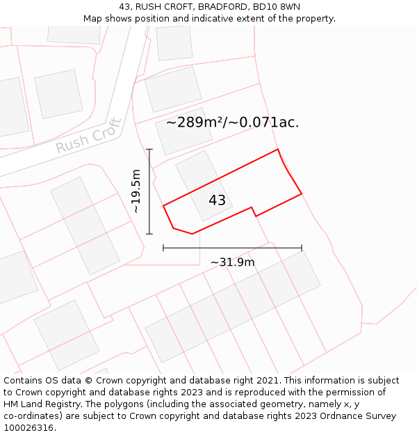 43, RUSH CROFT, BRADFORD, BD10 8WN: Plot and title map