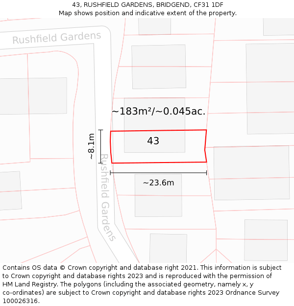 43, RUSHFIELD GARDENS, BRIDGEND, CF31 1DF: Plot and title map