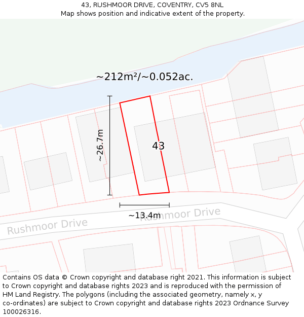 43, RUSHMOOR DRIVE, COVENTRY, CV5 8NL: Plot and title map