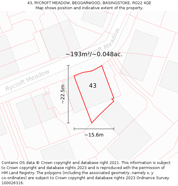 43, RYCROFT MEADOW, BEGGARWOOD, BASINGSTOKE, RG22 4QE: Plot and title map