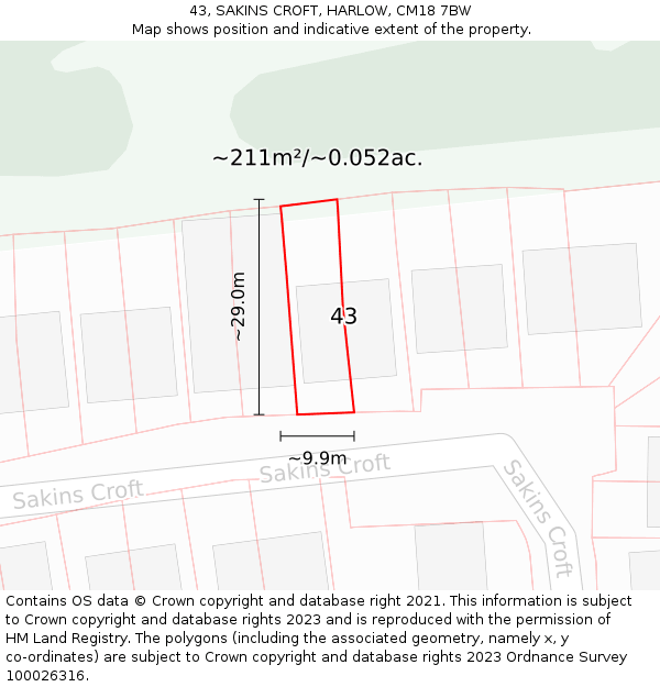 43, SAKINS CROFT, HARLOW, CM18 7BW: Plot and title map
