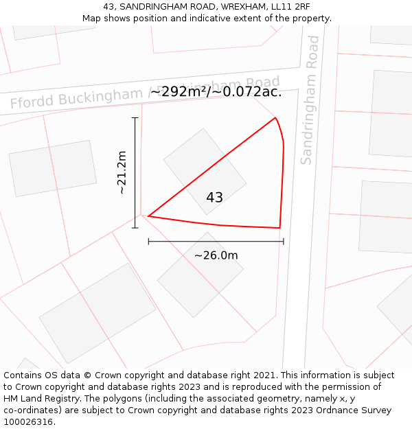 43, SANDRINGHAM ROAD, WREXHAM, LL11 2RF: Plot and title map
