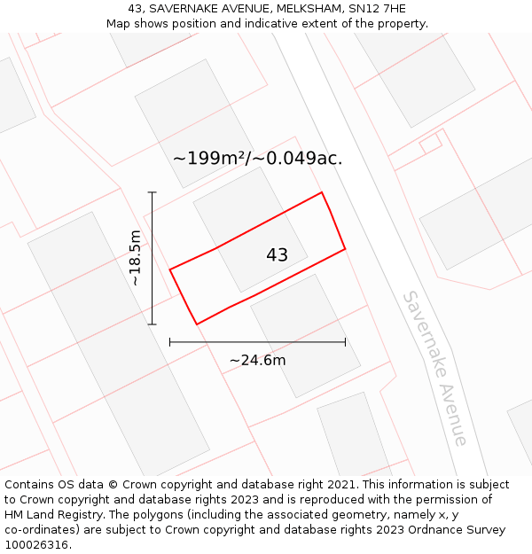43, SAVERNAKE AVENUE, MELKSHAM, SN12 7HE: Plot and title map