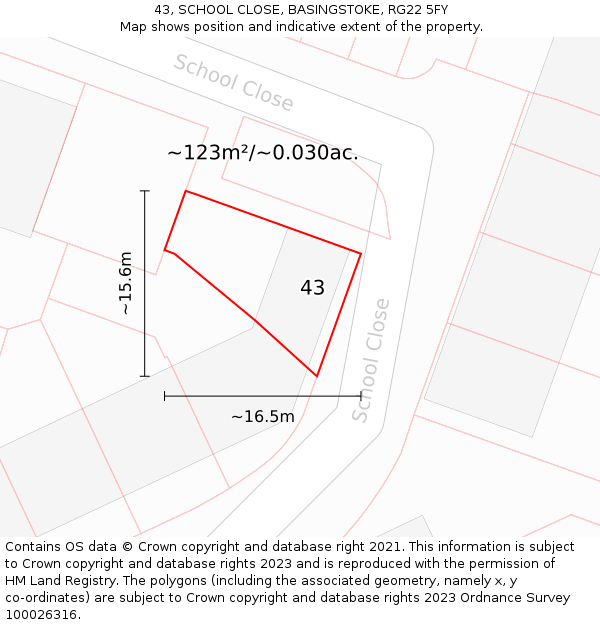43, SCHOOL CLOSE, BASINGSTOKE, RG22 5FY: Plot and title map