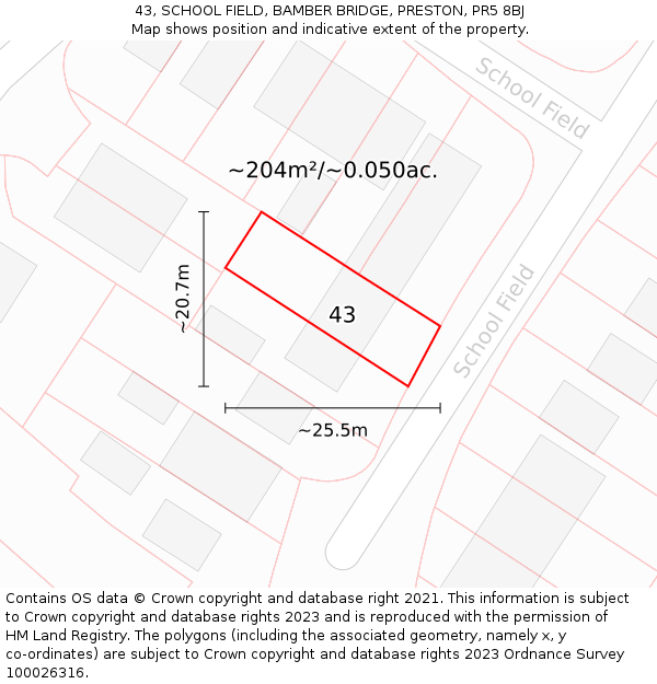 43, SCHOOL FIELD, BAMBER BRIDGE, PRESTON, PR5 8BJ: Plot and title map