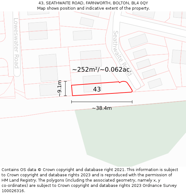 43, SEATHWAITE ROAD, FARNWORTH, BOLTON, BL4 0QY: Plot and title map