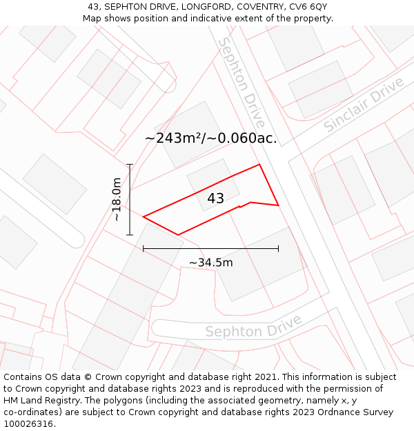43, SEPHTON DRIVE, LONGFORD, COVENTRY, CV6 6QY: Plot and title map