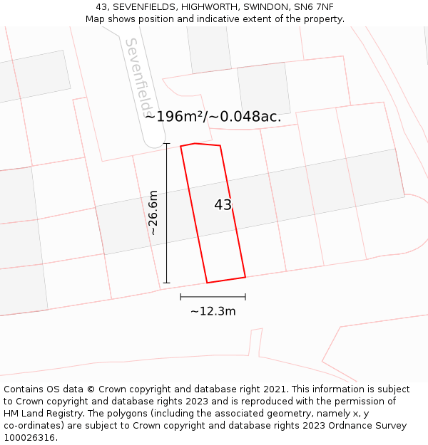 43, SEVENFIELDS, HIGHWORTH, SWINDON, SN6 7NF: Plot and title map