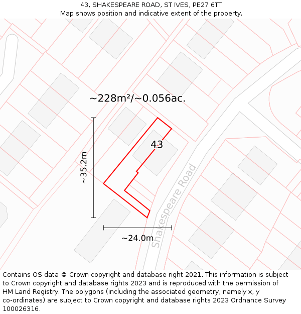 43, SHAKESPEARE ROAD, ST IVES, PE27 6TT: Plot and title map