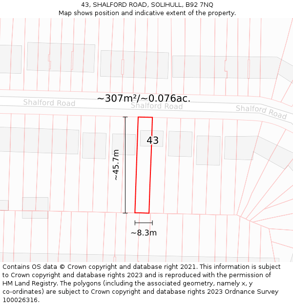 43, SHALFORD ROAD, SOLIHULL, B92 7NQ: Plot and title map