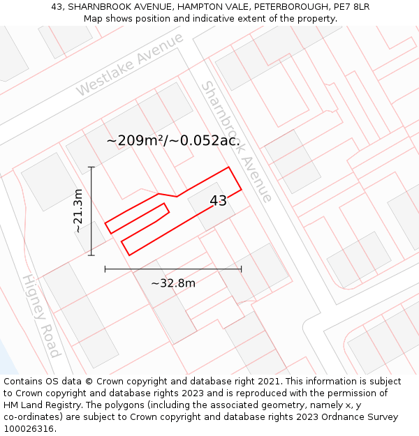 43, SHARNBROOK AVENUE, HAMPTON VALE, PETERBOROUGH, PE7 8LR: Plot and title map