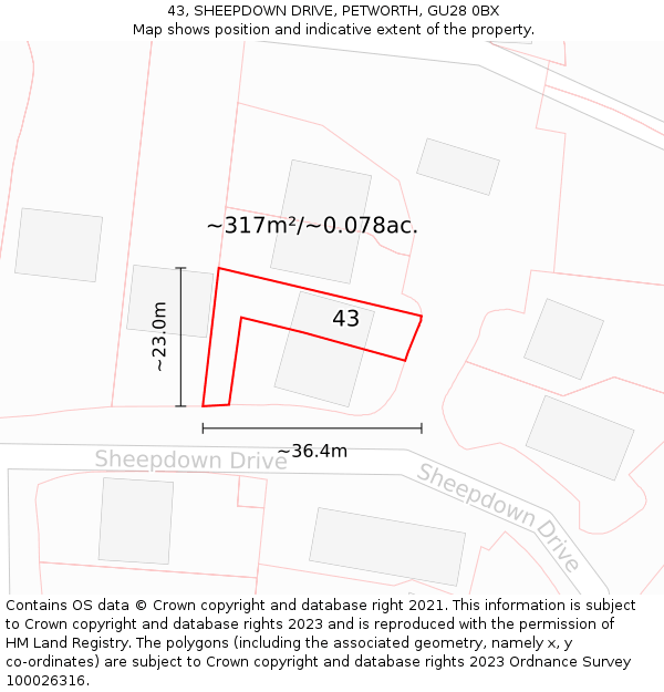 43, SHEEPDOWN DRIVE, PETWORTH, GU28 0BX: Plot and title map