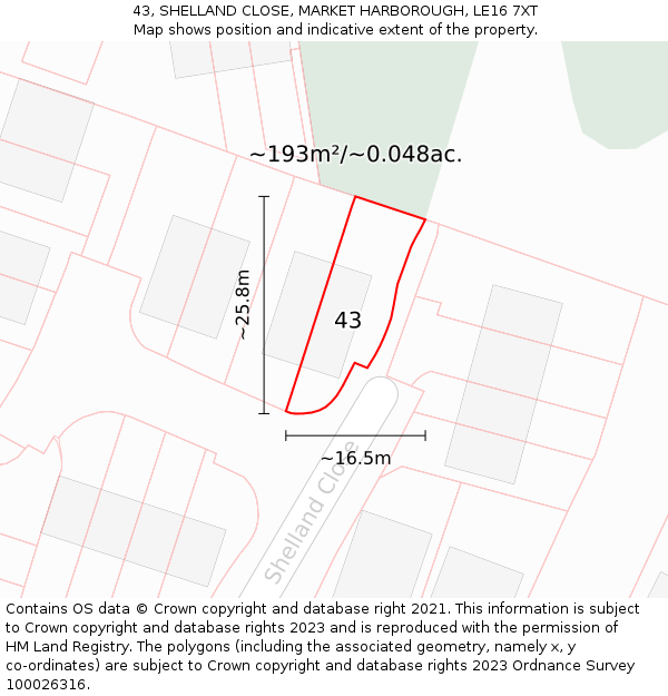 43, SHELLAND CLOSE, MARKET HARBOROUGH, LE16 7XT: Plot and title map