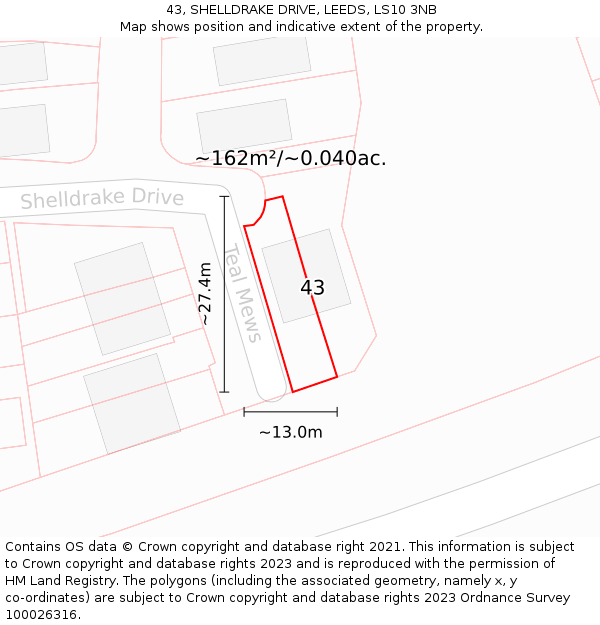 43, SHELLDRAKE DRIVE, LEEDS, LS10 3NB: Plot and title map