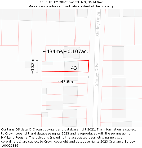 43, SHIRLEY DRIVE, WORTHING, BN14 9AY: Plot and title map