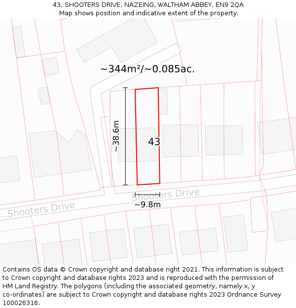 43, SHOOTERS DRIVE, NAZEING, WALTHAM ABBEY, EN9 2QA: Plot and title map