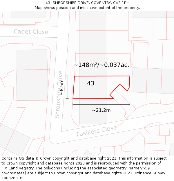 43, SHROPSHIRE DRIVE, COVENTRY, CV3 1PH: Plot and title map