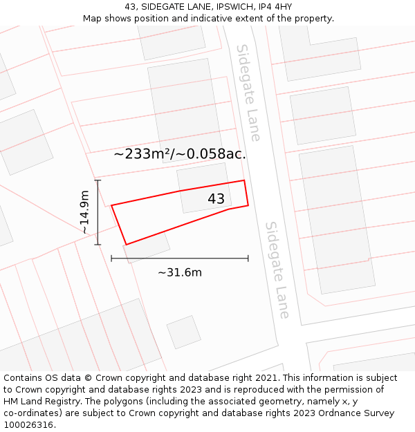 43, SIDEGATE LANE, IPSWICH, IP4 4HY: Plot and title map