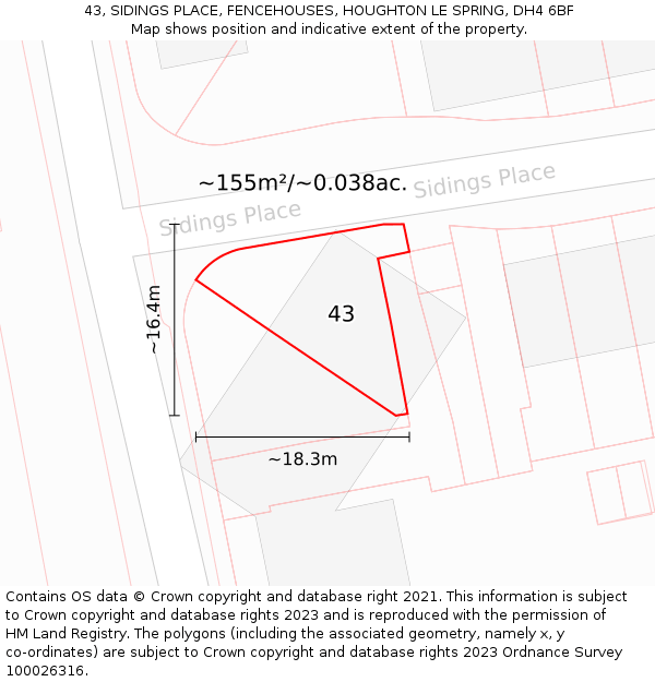 43, SIDINGS PLACE, FENCEHOUSES, HOUGHTON LE SPRING, DH4 6BF: Plot and title map