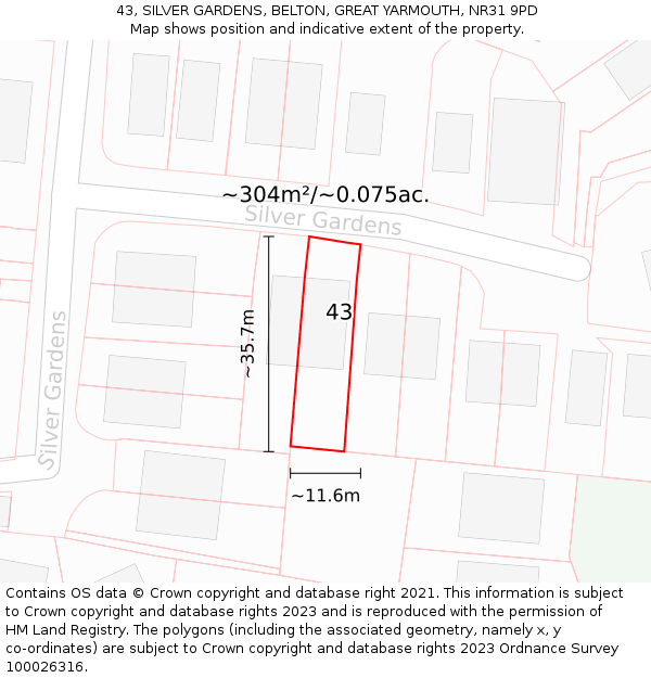 43, SILVER GARDENS, BELTON, GREAT YARMOUTH, NR31 9PD: Plot and title map