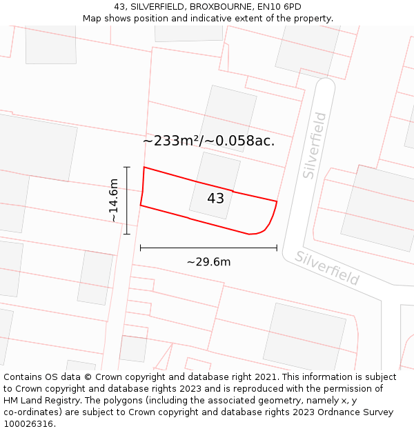 43, SILVERFIELD, BROXBOURNE, EN10 6PD: Plot and title map