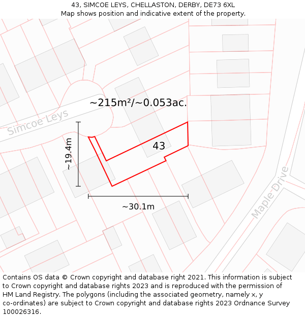 43, SIMCOE LEYS, CHELLASTON, DERBY, DE73 6XL: Plot and title map