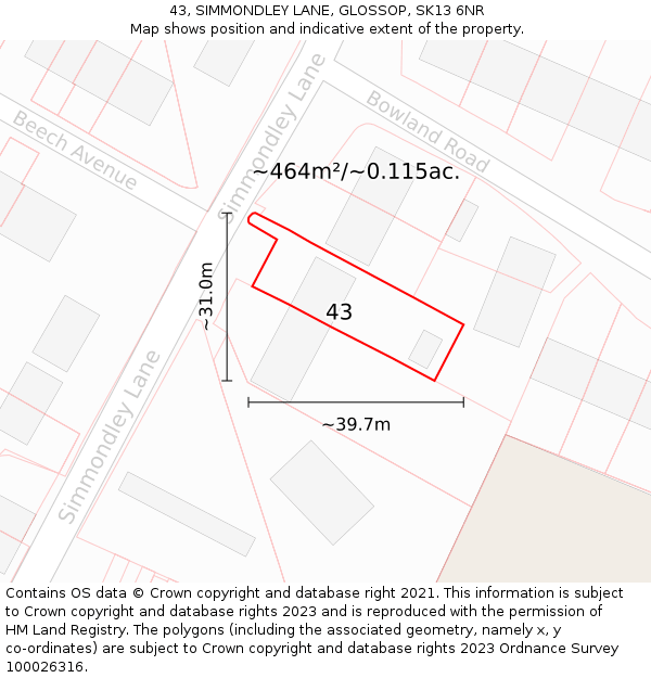 43, SIMMONDLEY LANE, GLOSSOP, SK13 6NR: Plot and title map