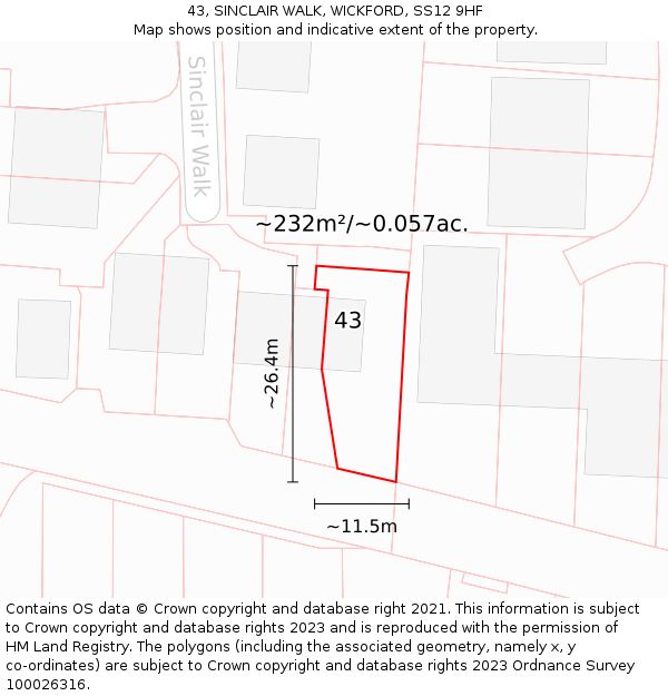 43, SINCLAIR WALK, WICKFORD, SS12 9HF: Plot and title map