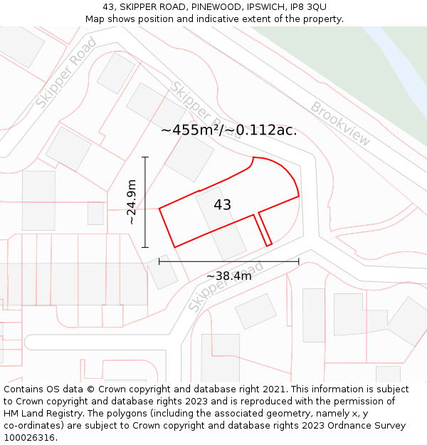 43, SKIPPER ROAD, PINEWOOD, IPSWICH, IP8 3QU: Plot and title map