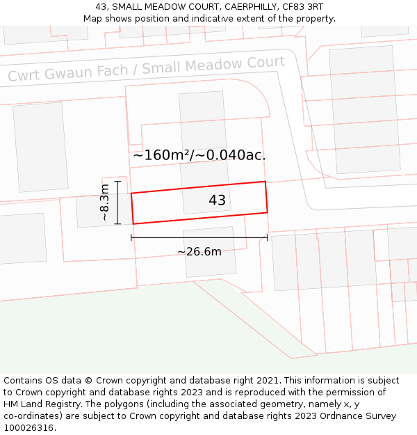 43, SMALL MEADOW COURT, CAERPHILLY, CF83 3RT: Plot and title map