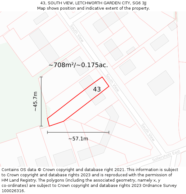 43, SOUTH VIEW, LETCHWORTH GARDEN CITY, SG6 3JJ: Plot and title map