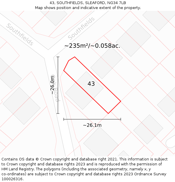 43, SOUTHFIELDS, SLEAFORD, NG34 7LB: Plot and title map