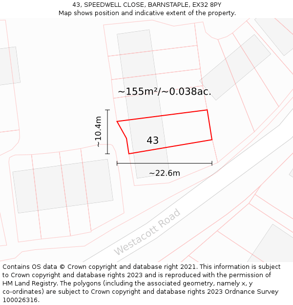 43, SPEEDWELL CLOSE, BARNSTAPLE, EX32 8PY: Plot and title map
