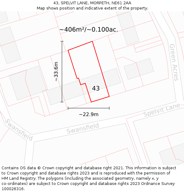 43, SPELVIT LANE, MORPETH, NE61 2AA: Plot and title map