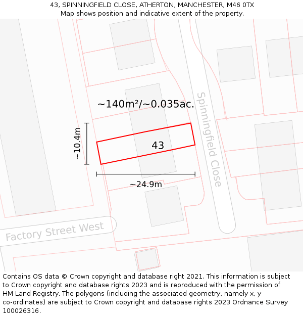 43, SPINNINGFIELD CLOSE, ATHERTON, MANCHESTER, M46 0TX: Plot and title map