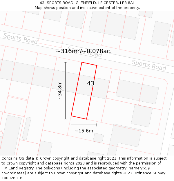 43, SPORTS ROAD, GLENFIELD, LEICESTER, LE3 8AL: Plot and title map